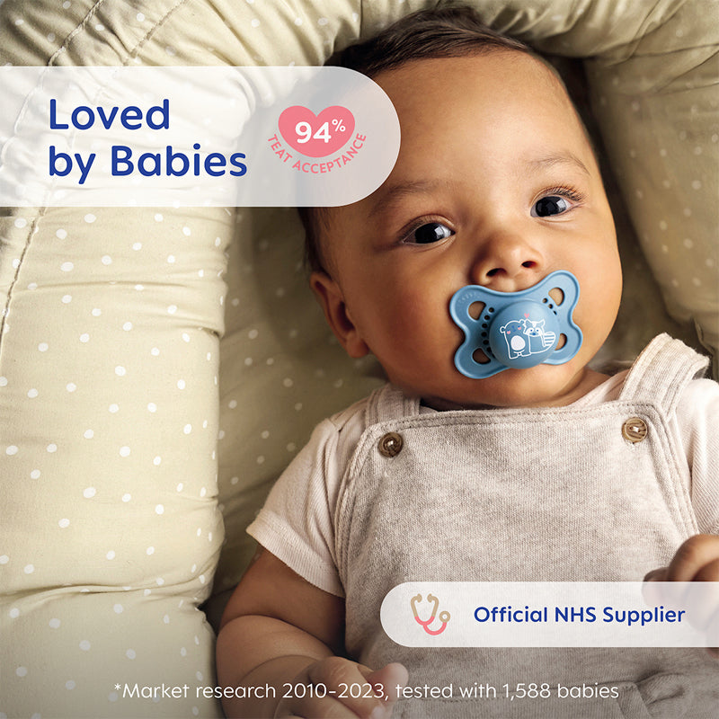 Baby wearing a blue pacifier with text indicating acceptance rate and NHS supplier status.