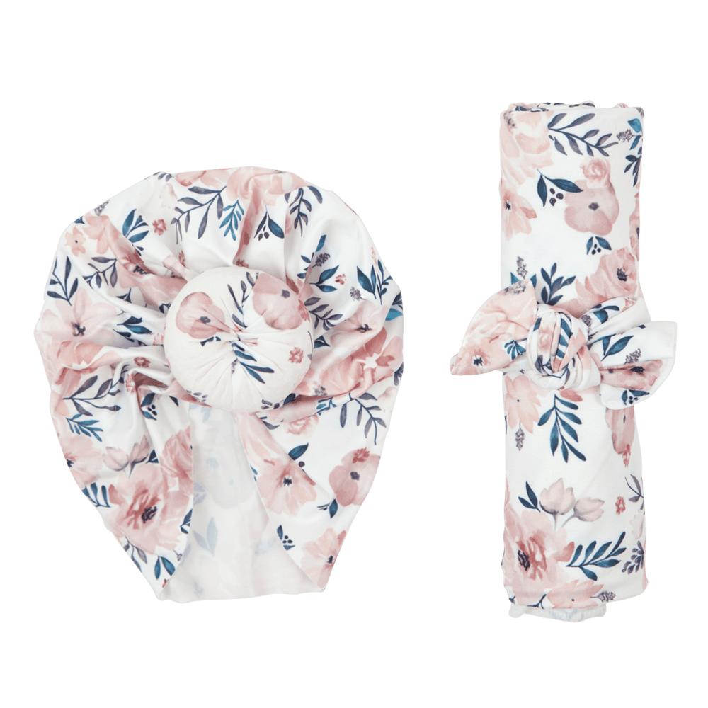 Blossom Newborn Turban & Swaddle Gift Set | Pink Poppy