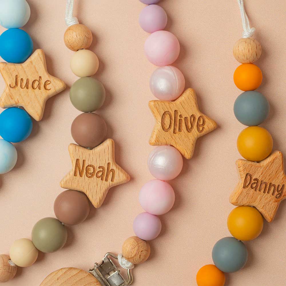 Personalised dummy clip engraved with baby's name
