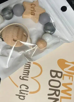 Personalised star dummy clip in Grey with packaging 5 star review from customer