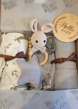 Newborn baby gift set with toys and blanket in a box personalised