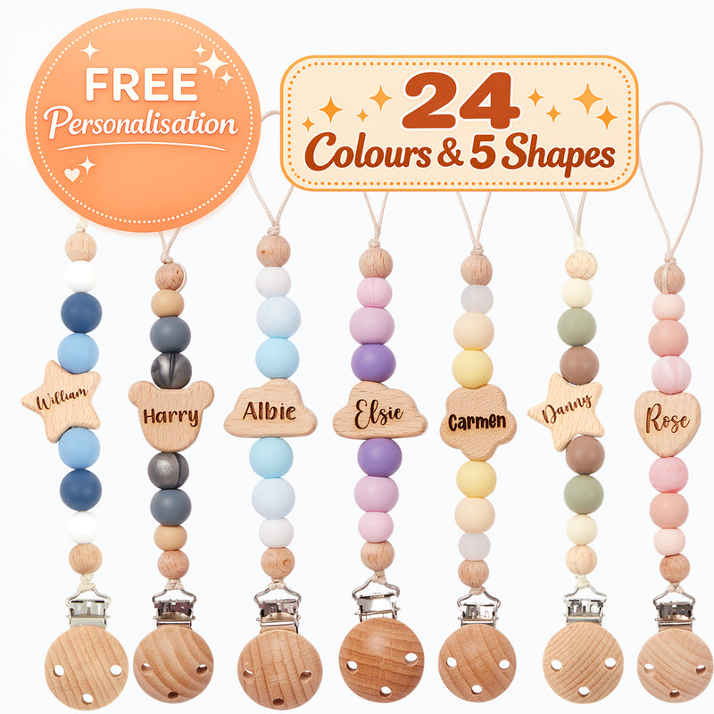Set of personalised dummy clips with names on, featuring 24 colours and 5 shapes.
